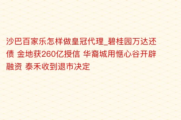 沙巴百家乐怎样做皇冠代理_碧桂园万达还债 金地获260亿授信 华裔城用惬心谷开辟融资 泰禾收到退市决定